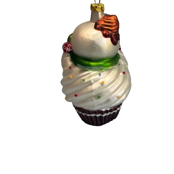 Snowman Cupcake Glass Ornament Blown White Green 4.5" - Picture 4 of 4